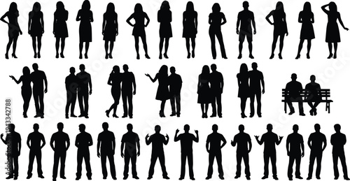 Black silhouette collection of men and women in casual clothing, young adults standing in various poses, and diverse groups isolated