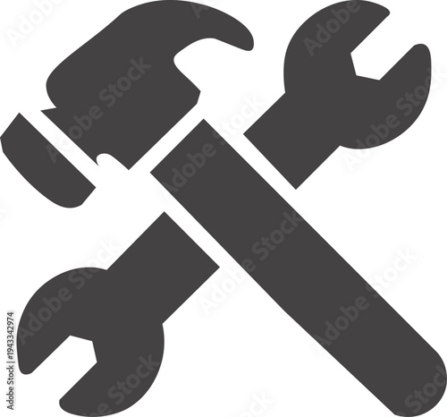 Crossed hammer and wrench icon in minimal flat style for repair service or construction workshop on a transparent background