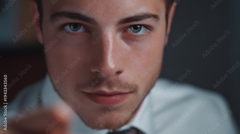 Obraz premium A focused young man in a shirt and tie looks intently at the extending a finger forward with a decisive gesture