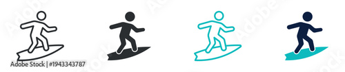 Surfing icon set, surfer riding wave water sport activity symbol, outline and solid and color style. Vector illustration.