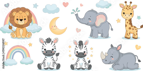 Cute baby safari animal nursery vector set with lion elephant giraffe zebra rhino rainbow moon stars and hearts