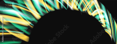 Abstract lines form arch. Green, yellow hues dominate dark background. Dynamic composition suggests movement, energy. Minimalist design.