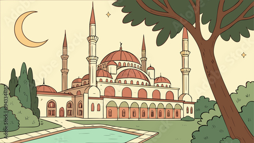 Vector illustration of a mosque with pool and trees
