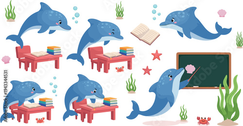 Cute cartoon dolphin school teacher and student vector set with desks books chalkboard underwater plants and ocean animals