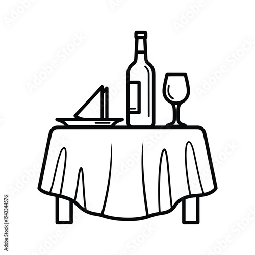 Minimalist vector icon of a wine bottle, glass, and folded napkin on a draped table