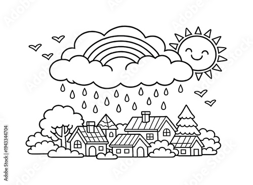 Cute cartoon sun and rainbow appear after rain over a village with houses and trees