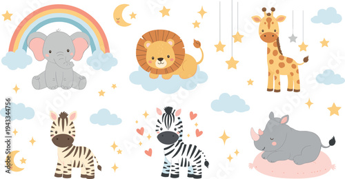 Cute nursery safari animal vector set with elephant lion giraffe zebra and rhino plus rainbow moon stars and clouds