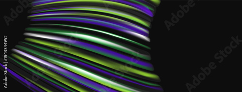 Abstract swirling ribbons, green, purple hues dominate. Dark background emphasizes dynamic form, creating visual interest.