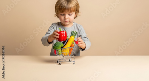 Child placing vegetables in a toy shopping cart on a smooth surface  