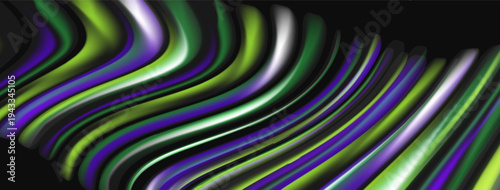 Abstract flowing shapes, vibrant green, purple hues. Dynamic composition, smooth curves, dark background creates contrast. Modern design.