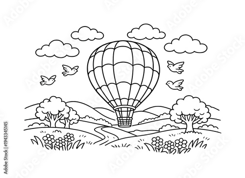 Whimsical hot air balloon floats over a scenic landscape with birds and flowers