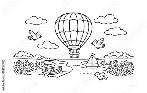 Whimsical hot air balloon floats above a serene landscape with birds and a sailboat