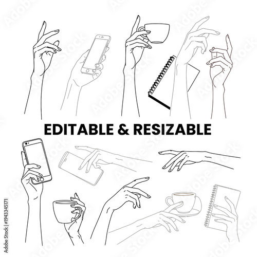 Set of hand gestures holding mobile phone and coffee cup in elegant line art style