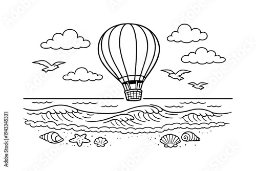 Whimsical hot air balloon floats over ocean waves with seagulls and seashells on beach