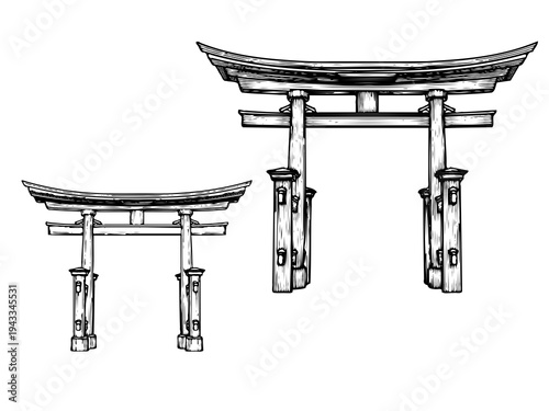 Japanese Torii Gate Engraving Illustration