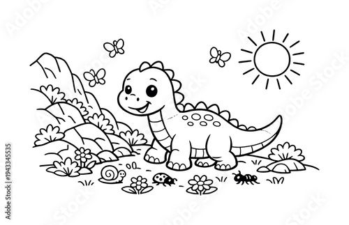 Friendly dinosaur exploring a rocky hillside with flowers and small bushes, tiny insects crawling nearby, butterflies flying