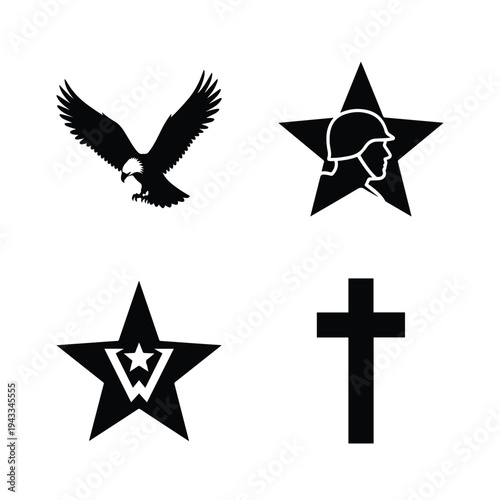 Symbolic Military and Patriotic Icons: Eagle, Star, Soldier Profile, and Cross for Remembrance and Freedom