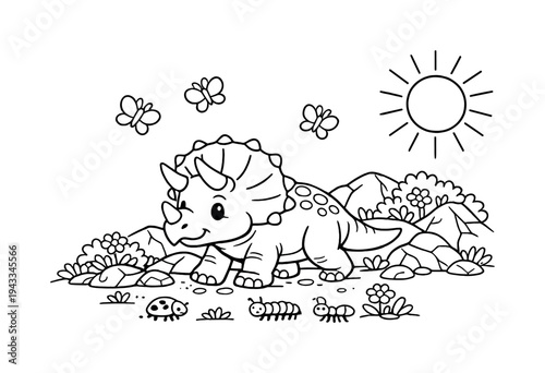Triceratops pal exploring a rocky hillside with small flowers and bushes, tiny insects crawling nearby, butterflies flying above