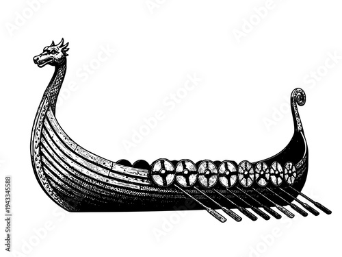 Viking Longship Boat Engraving Illustration