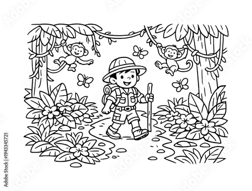 Jungle Explorer Adventure. Jungle adventure with a friendly explorer walking along a leafy trail, surrounded by tall trees, vines,
