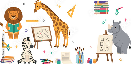lion giraffe zebra and rhino plus books art easel crayons and geometry tools Cute safari animal school vector