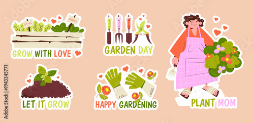 Cute gardening stickers collection with plants, tools, gloves, soil, and gardener woman. Spring garden themed decorative stickers with positive quotes