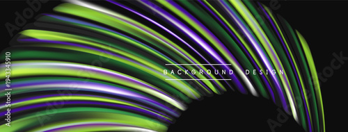 Abstract flowing lines create dynamic visual effect. Vibrant colors blend, forming curved shapes against dark backdrop. Modern design element.
