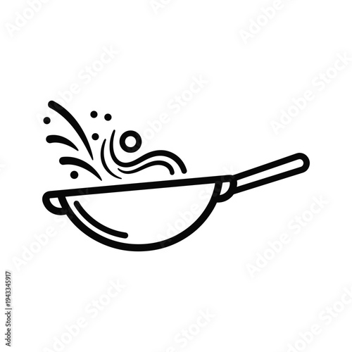 Stir Fry Wok Icon with Splashing Food and Steam, Black and White Line Art
