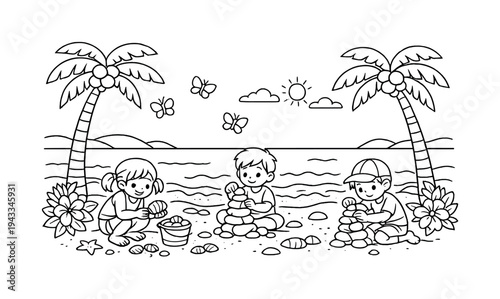 Beach Adventure Illustration. Beach day with children collecting seashells and building small rock towers, palm trees and flowers
