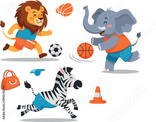 safari animal sports set featuring lion elephant and zebra playing soccer and basketball with whistle cone and bag