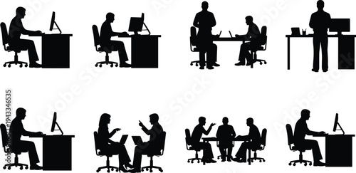 office worker silhouettes collection, business people working on computers and discussing ideas, corporate workplace teamwork scenes, professional office vector illustration