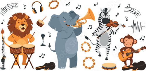 safari animal musical band vector set with lion playing drums elephant trumpet zebra violin and monkey guitar plus headphones