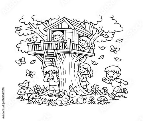 Treehouse play with children playing hide-and-seek around a treehouse, tiny mushrooms and flowers growing below, friendly animals