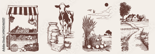 Farm shop dairy cow milk countryside illustration set. Market stand, cheese, jars and rural scenery. Background for organic food branding. Vintage pencil drawing hand drawn sketch style.