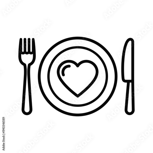 Love meal icon, heart on plate with fork and knife, simple line art