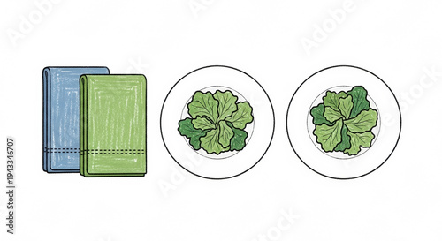 Folded fabric napkins beside salad plates with fresh leafy greens  