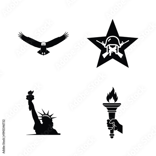 American patriotism symbols set black eagle liberty torch star skull national pride vector illustration isolated