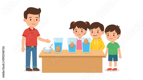 Teacher guiding curious students in a science experiment with eggs and water, fostering early learning and scientific exploration