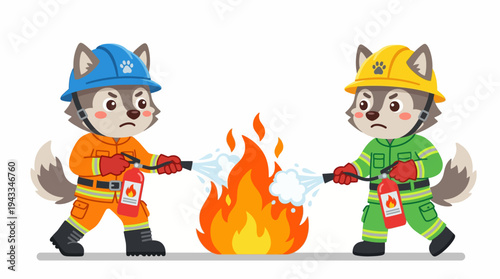 Cartoon wolf firefighters in vibrant gear bravely combating a roaring blaze with powerful streams from their extinguishers, showcasing teamwork and essential fire safety