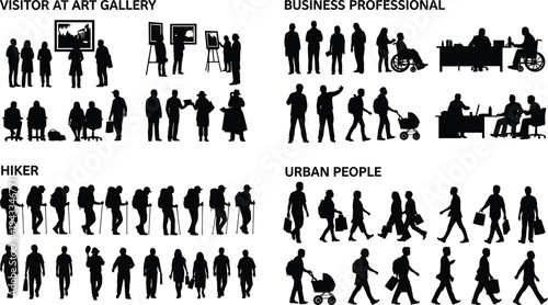 people, silhouettes, collection, urban, business, hiker, gallery, visitor, professional, walking, lifestyle, activity, crowd, characters, set, isolated, human, society, illustration, vector