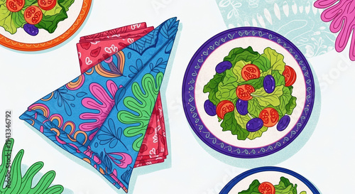 Folded fabric napkins beside colorful salad plates on tabletop  