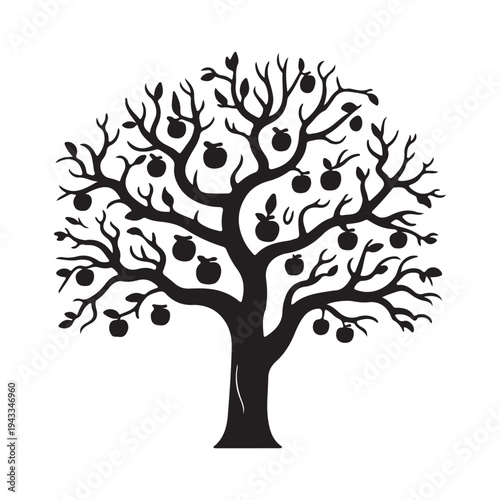 Apple Tree Silhouette Vector – Decorative Fruit Tree Black Nature Illustration