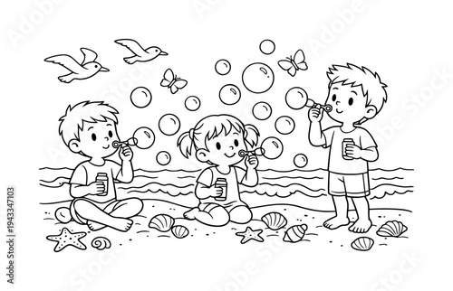 Bubble blowing with children blowing bubbles on a sandy beach, seashells and starfish scattered, waves gently rolling, friendly