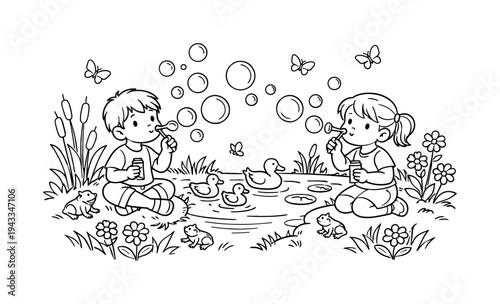 Bubble blowing with children playing near a small pond blowing bubbles, flowers and reeds along the bank, friendly ducks swimming