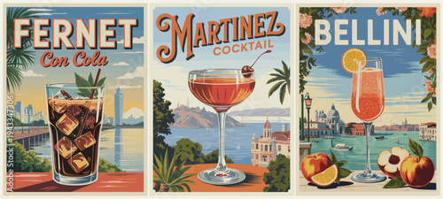 Triptych of stylized cocktail posters featuring Fernet Con Cola, Martinez, and Bellini against scenic city and coastal backdrops in a bold, vintage illustrative style.