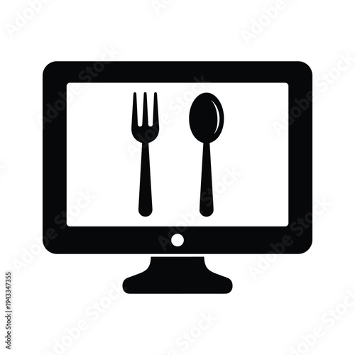 Computer Screen Displaying Fork and Spoon Icons - Online Food Ordering Concept