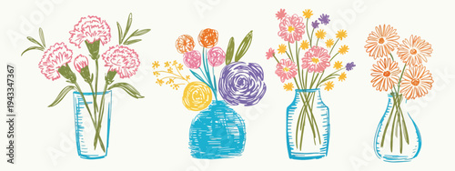 Hand Drawn Flowers in Vases Vector Set, Sketched Style Flower Bouquets with Naive Artistic Design, Spring Summer Botanical Illustration for Floral Decor, Greeting Cards, and Creative Design