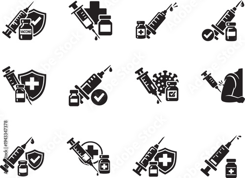 Vaccine icon set vector illustration ideal for medical web, app, logo, UI and template design assets .