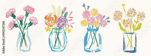 Hand Drawn Flowers in Vases Vector Set, Sketched Style Flower Bouquets with Naive Artistic Design, Spring Summer Botanical Illustration for Floral Decor, Greeting Cards, and Creative Design