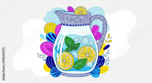 Frosted pitcher filled with lemon slices and mint leaves on colorful background  